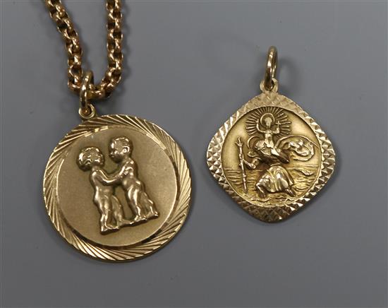 Two 9ct gold pendants and an early 20th century 9ct gold chain.